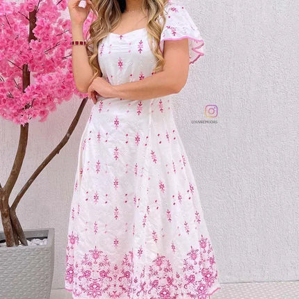 Vestido Midi em Laise de Algodão com Bordados Rosas - Lançamento Moda Evangélica e Executiva