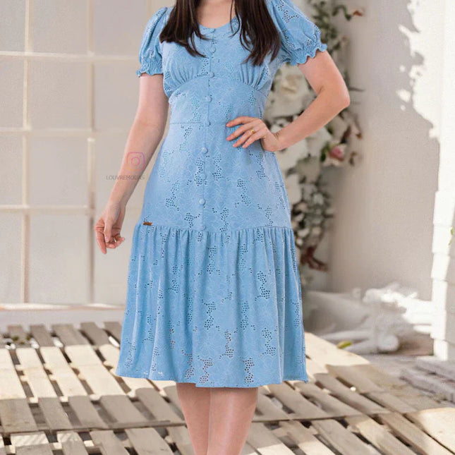 Vestido em Malha Laise Azul Forrado Lançamento