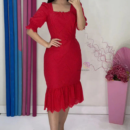 Vestido Vermelho em Laise de Algodão Bordado